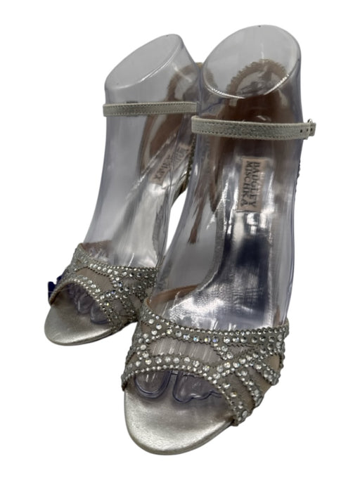 Badgley Mischka Shoe Size 7 Silver Leather Ankle Strap Rhinestone Open Toe Pumps Silver / 7