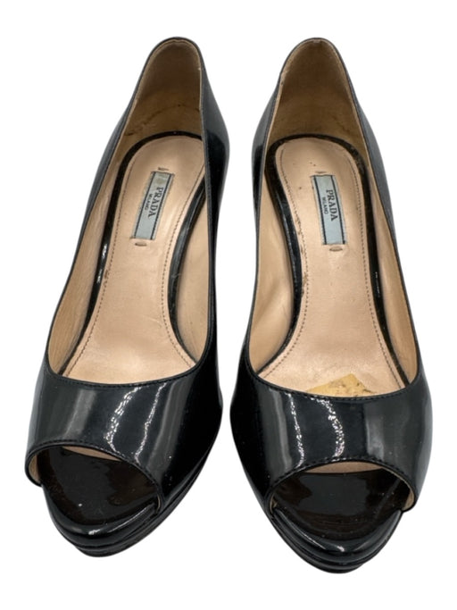 Prada Shoe Size 37 Black Patent Leather Peep Toe Platform Pumps Black / 37