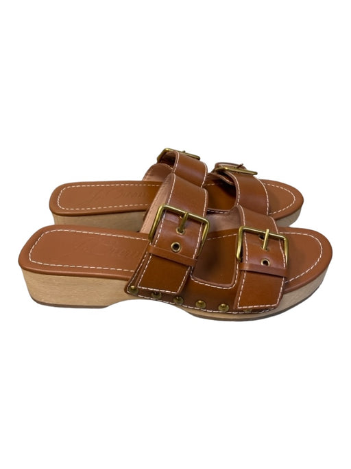 J Crew Shoe Size 7.5 Brown Leather open toe Wood Heel Grommet Double Strap Shoes Brown / 7.5
