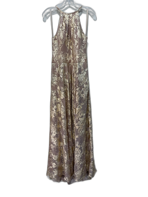 Aqua Size 10 Beige Gold Polyester Blend Foil High Neck Slit Empire Waist Gown Beige Gold / 10