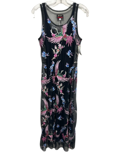 Biya Johnny Was Size Small Black & Multi Nylon Sleeveless Floral & Birds Dress Black & Multi / Small