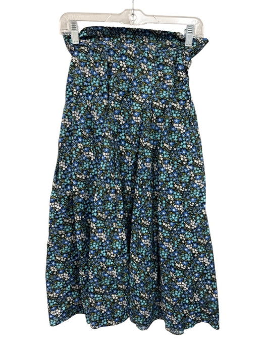 Buru Size XS Black, Blue, Green Cotton Elastic Waist Floral Print Midi Skirt Black, Blue, Green / XS