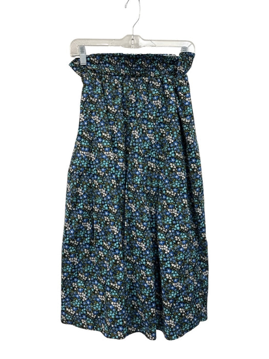 Buru Size XS Black, Blue, Green Cotton Elastic Waist Floral Print Midi Skirt Black, Blue, Green / XS