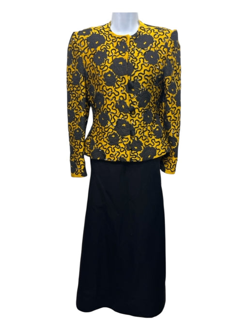Scaasi Size 8 Yellow & Black No Fabric Tag Floral & Squiggle Jacket Dress Set Yellow & Black / 8
