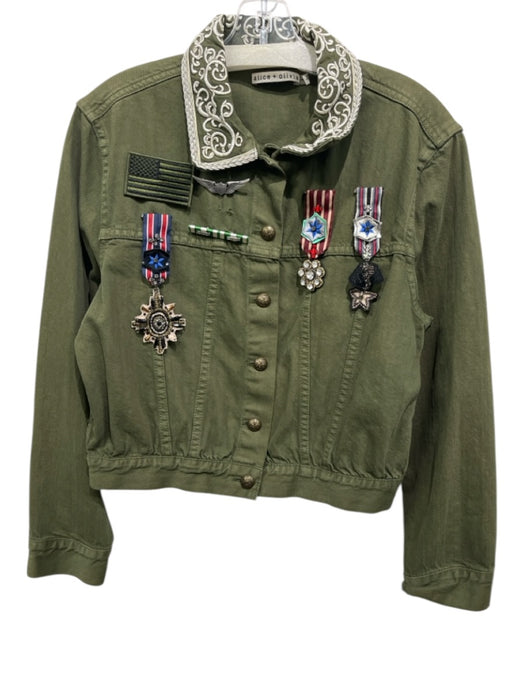 Alice + Olivia Size M Army green & Multi Cotton Embroidered Button Front Jacket Army green & Multi / M