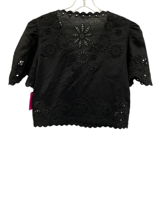 Elie Tahari Size S Black Linen Blend Scalloped Hem Floral Cutout V Neck Top Black / S