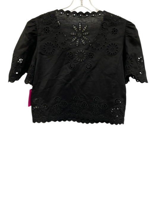 Elie Tahari Size S Black Linen Blend Scalloped Hem Floral Cutout V Neck Top Black / S