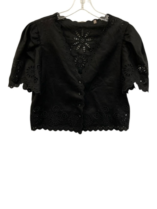 Elie Tahari Size S Black Linen Blend Scalloped Hem Floral Cutout V Neck Top Black / S