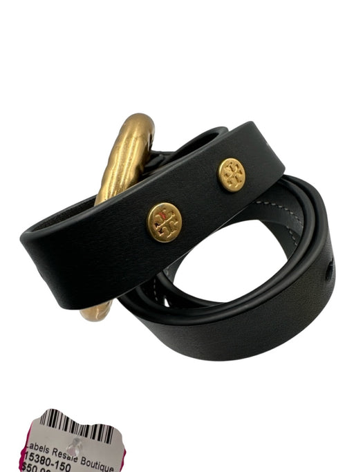 Tory Burch Black Leather Gold Tone Hardware Logo Detail Peg Clasp Ring Belts Black