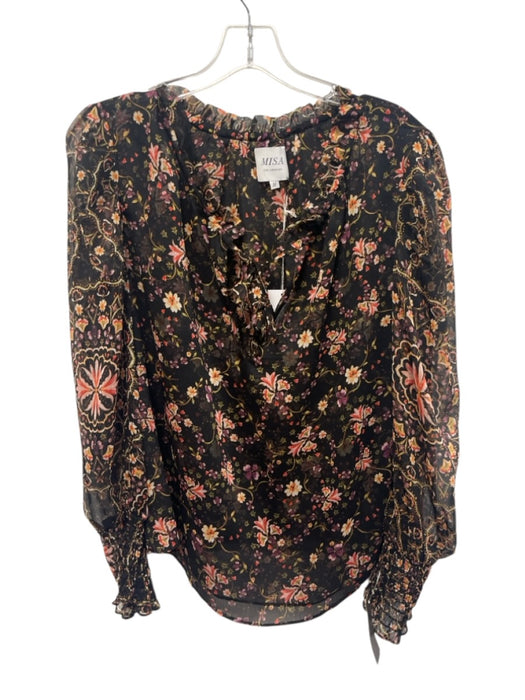 Misa Size M Black & Multi Polyester Semi Sheer Floral Long Balloon Sleeve Top Black & Multi / M
