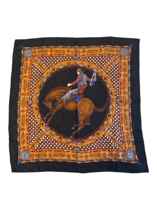 Mantero 1902 Black, Brown, Gold Silk Rolled Hem Horse & Cowboy scarf Black, Brown, Gold