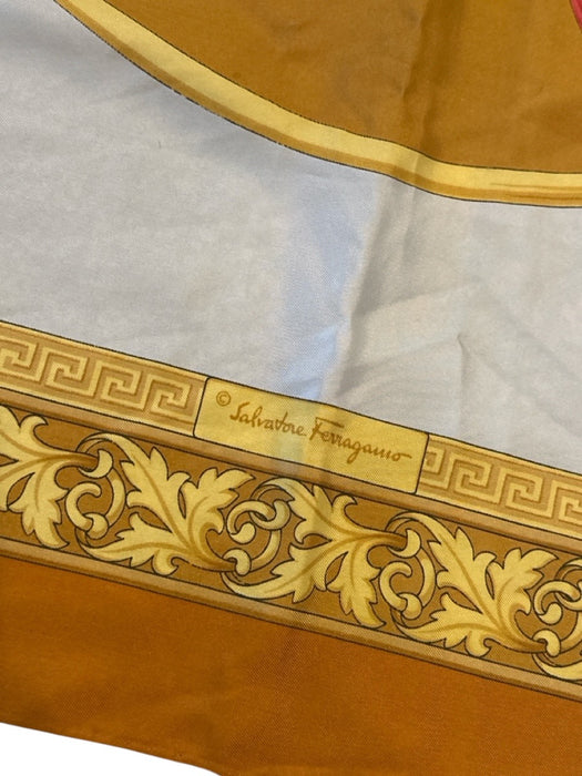 Salvatore Ferragamo Yellow, Orange, Gray Silk Rolled Hem Parrot Filigree scarf Yellow, Orange, Gray