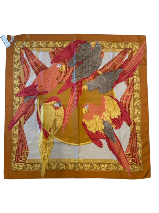 Salvatore Ferragamo Yellow, Orange, Gray Silk Rolled Hem Parrot Filigree scarf Yellow, Orange, Gray