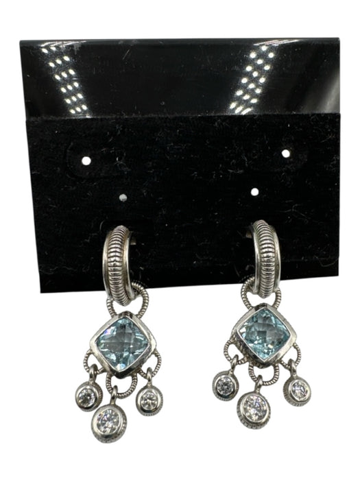 Judith Ripka Silver & Blue 925 Sterling Silver Cushion Cut Dangle Hoop Earrings Silver & Blue