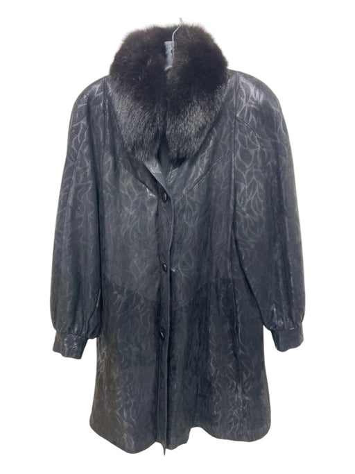 No Brand Size L Black Leather Fox Fur Trim Button Up Coated Abstract Coat Black / L