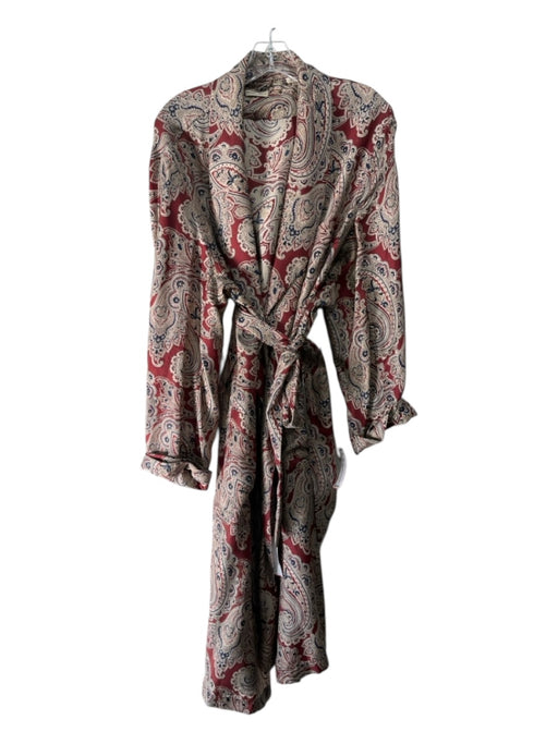 Neiman Marcus Size L Beige & Red Print Silk Paisley Sash Long Sleeve Robe Beige & Red Print / L