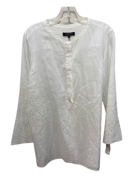 Lafayette 148 Size M White Ramie & Tencel Laser Cut Half Button Top White / M