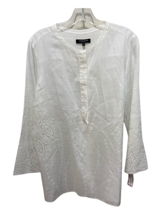 Lafayette 148 Size M White Ramie & Tencel Laser Cut Half Button Top White / M