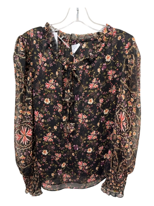 Misa Size Medium Black, Purple & Yellow Polyester Flower Long Sleeve V Neck Top Black, Purple & Yellow / Medium