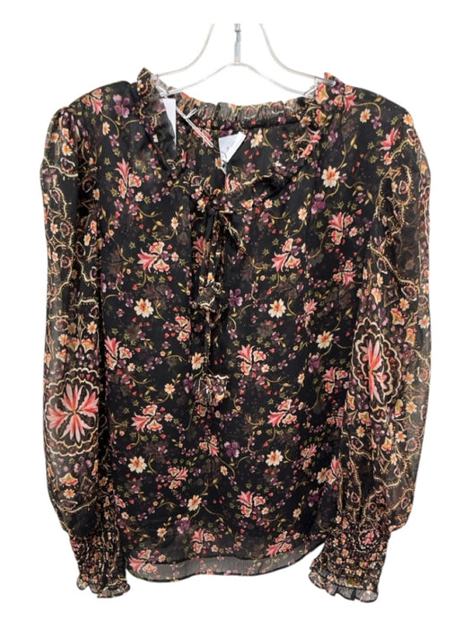 Misa Size Medium Black, Purple & Yellow Polyester Flower Long Sleeve V Neck Top Black, Purple & Yellow / Medium