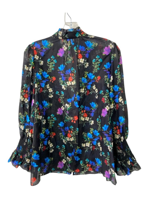 Alice + Olivia Size L Black & Multi Cotton Blend Floral Round Split Neck Top Black & Multi / L