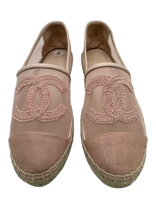 Chanel Shoe Size 37 Baby Pink & Tan Mesh & Raffia Leather trim Sandals Baby Pink & Tan / 37