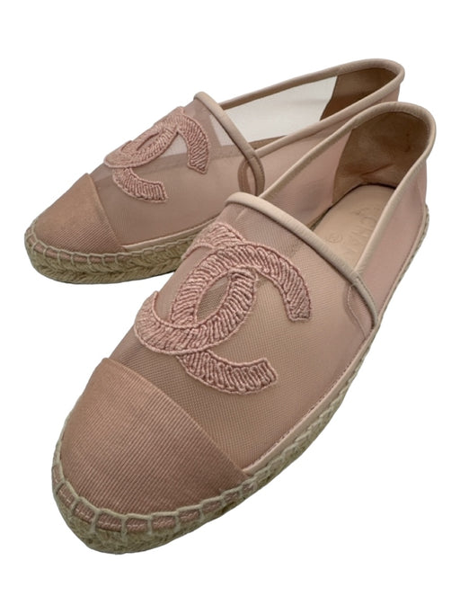 Chanel Shoe Size 37 Baby Pink & Tan Mesh & Raffia Leather trim Sandals Baby Pink & Tan / 37