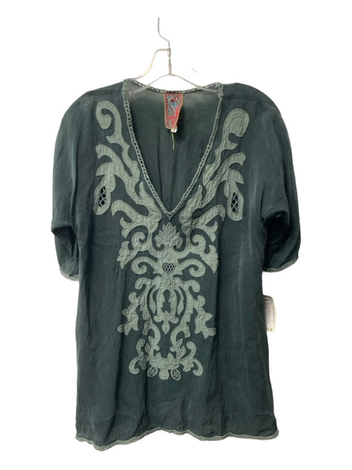 Johnny Was Size S Green Cupro Rayon V Neck Half Sleeve Embroidered Detail Top Green / S