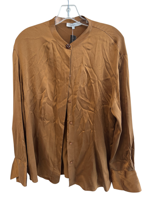 Vince Size L Brown Silk Flare Sleeve solid color Round Neck Button Down Top Brown / L