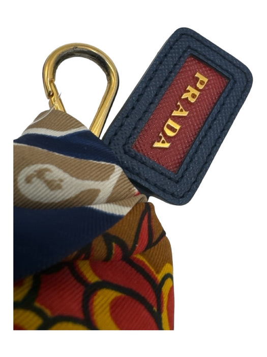 Prada Beige Red & Navy Silk Floral Knot Gold Hardware Leather Detail Keychain Beige Red & Navy