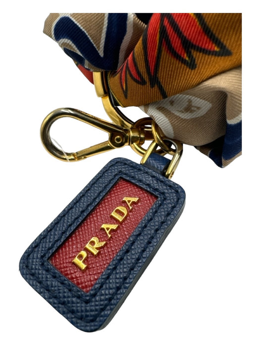 Prada Beige Red & Navy Silk Floral Knot Gold Hardware Leather Detail Keychain Beige Red & Navy