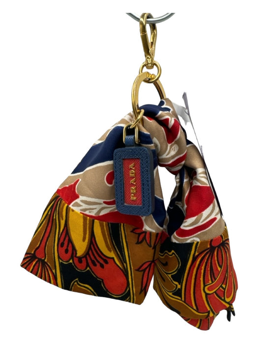 Prada Beige Red & Navy Silk Floral Knot Gold Hardware Leather Detail Keychain Beige Red & Navy