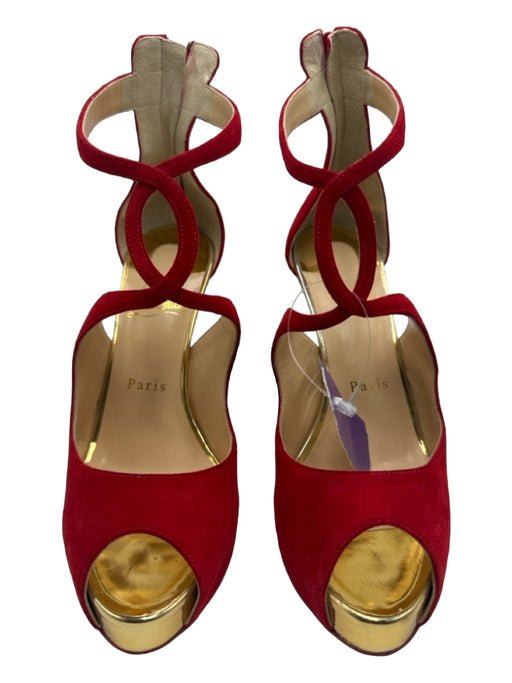 Christian Louboutin Shoe Size 38 Red & Gold Suede Peep Toe D'Orsay Pumps Red & Gold / 38