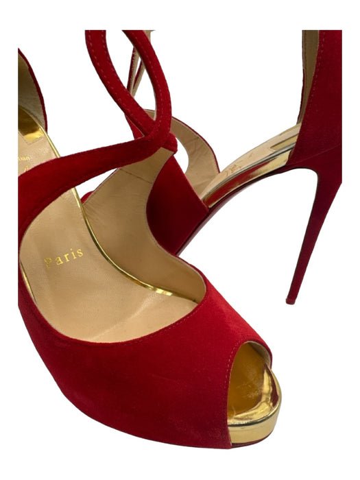 Christian Louboutin Shoe Size 38 Red & Gold Suede Peep Toe D'Orsay Pumps Red & Gold / 38