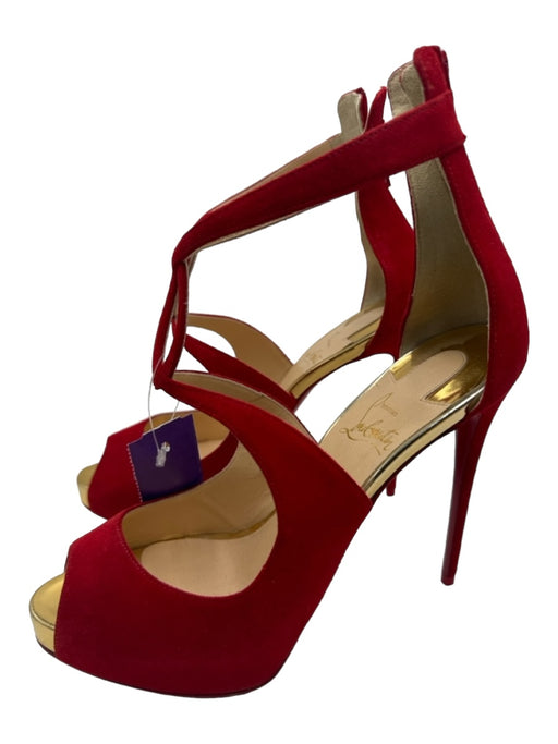 Christian Louboutin Shoe Size 38 Red & Gold Suede Peep Toe D'Orsay Pumps Red & Gold / 38