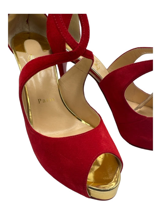 Christian Louboutin Shoe Size 38 Red & Gold Suede Peep Toe D'Orsay Pumps Red & Gold / 38