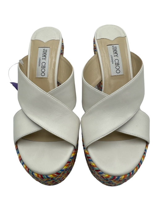 Jimmy Choo Shoe Size 38 White & Multi Leather & Raffia Open Toe & Heel Wedges White & Multi / 38