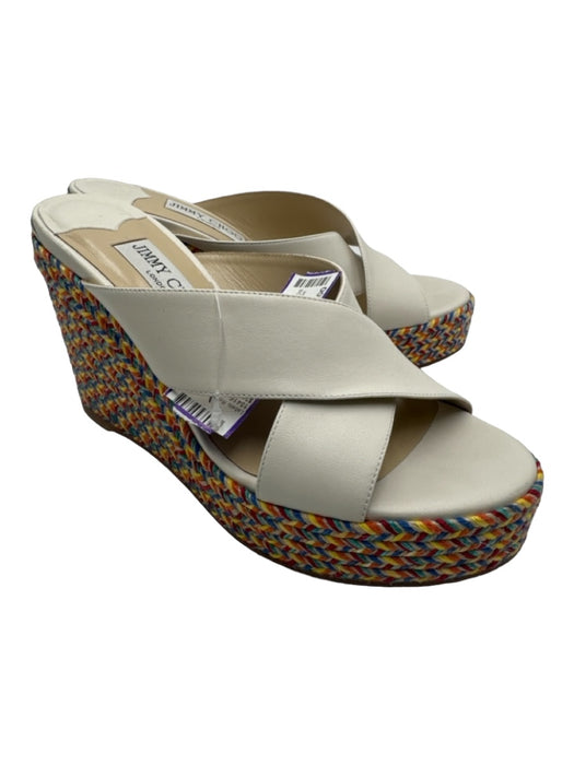 Jimmy Choo Shoe Size 38 White & Multi Leather & Raffia Open Toe & Heel Wedges White & Multi / 38