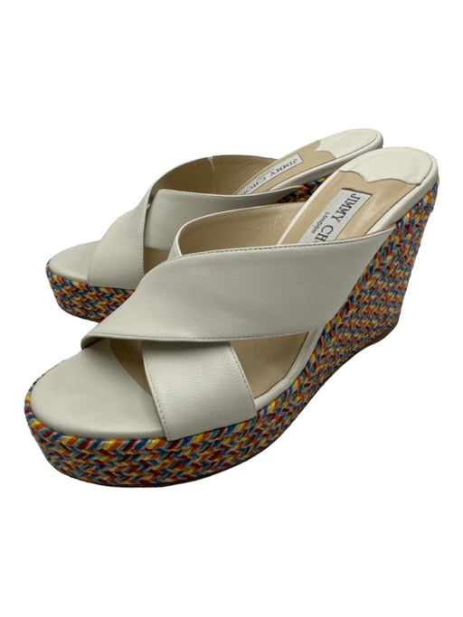 Jimmy Choo Shoe Size 38 White & Multi Leather & Raffia Open Toe & Heel Wedges White & Multi / 38