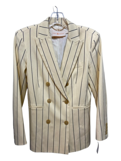 Tory Burch Size 4 Cream & Black Acetate & Cotton Vertical Pinstripe Jacket Cream & Black / 4