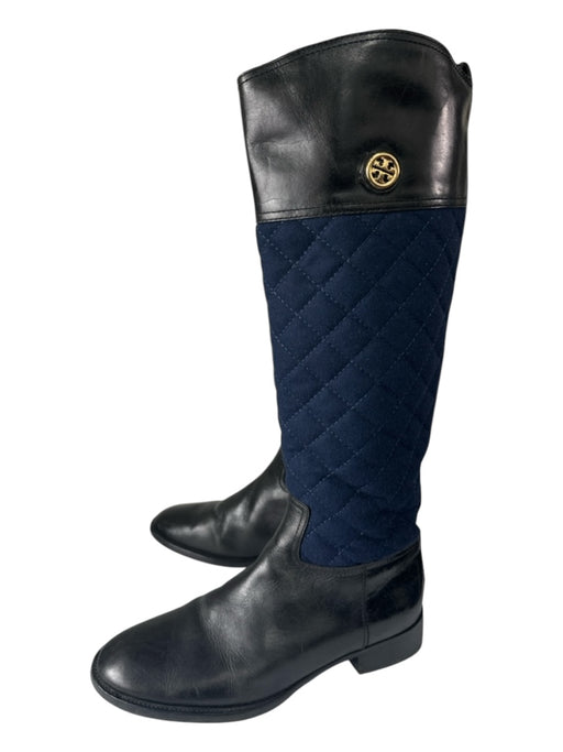 Tory Burch Shoe Size 9 Black & Navy Blue Wool & leather Knee High Quilted Boots Black & Navy Blue / 9