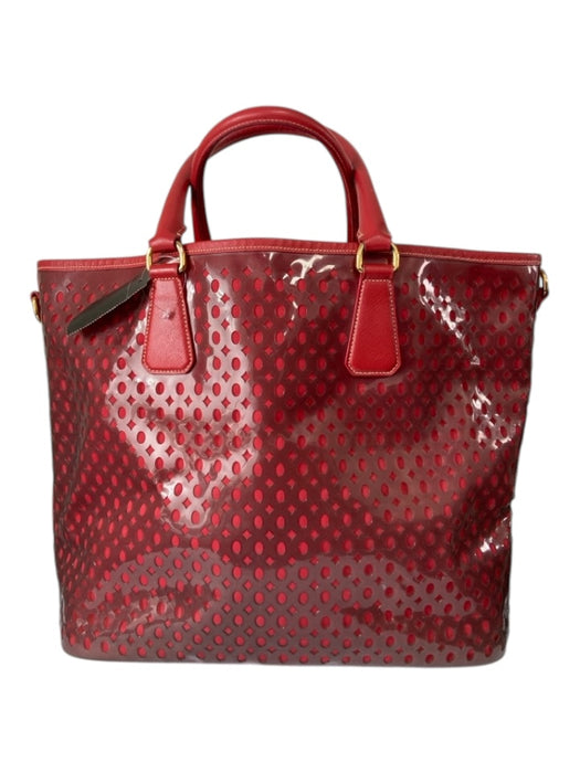 Prada Red Saffiano Leather 2 Handles Perforated Tote Open Top Bag Red / M