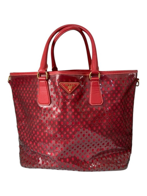 Prada Red Saffiano Leather 2 Handles Perforated Tote Open Top Bag Red / M