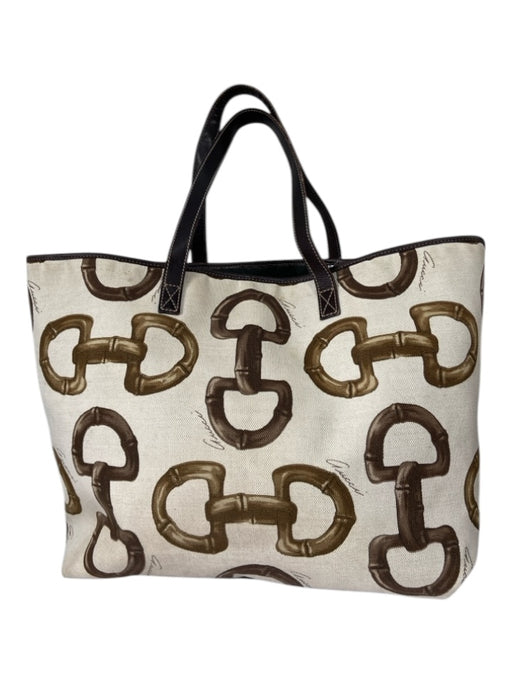 Gucci Cream & Brown Canvas Leather Handle Tote 2 Handles Horsebit Bag Cream & Brown / L