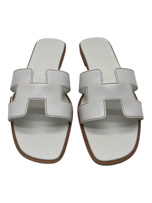 Hermes Shoe Size 37 White & Brown Leather Stacked Square Sandals White & Brown / 37