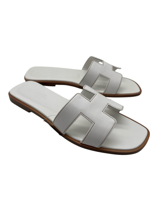 Hermes Shoe Size 37 White & Brown Leather Stacked Square Sandals White & Brown / 37