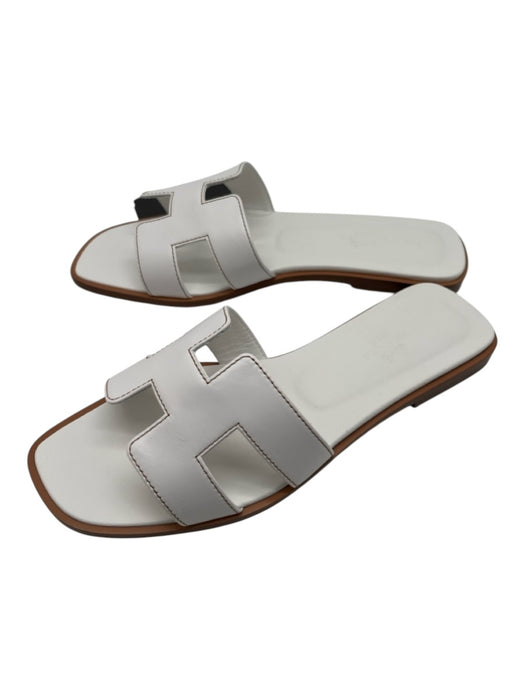 Hermes Shoe Size 37 White & Brown Leather Stacked Square Sandals White & Brown / 37