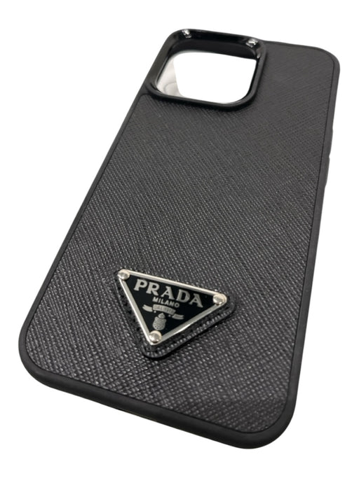 Prada Black Saffiano Leather Plastic Rectangle Logo iPhone Phone Case Black