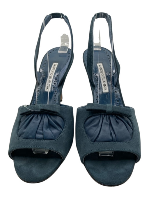 Manolo Blahnik Shoe Size 38.5 Blue Suede Open Toe Sling back Bow Detail Sandals Blue / 38.5