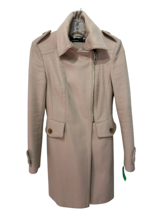 Karen Millen Size 2 Camel Tan Wool Blend Felt Zip & Button Knee length Coat Camel Tan / 2